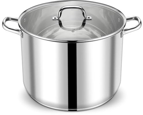 P&P CHEF Pentola da 24 QT con coperchio, grande pentola in acciaio inox, pentola per zuppe per cuocere a fuoco lento, fondo a tre strati per tutti i fornelli, resistente, lavabile in lavastoviglie e