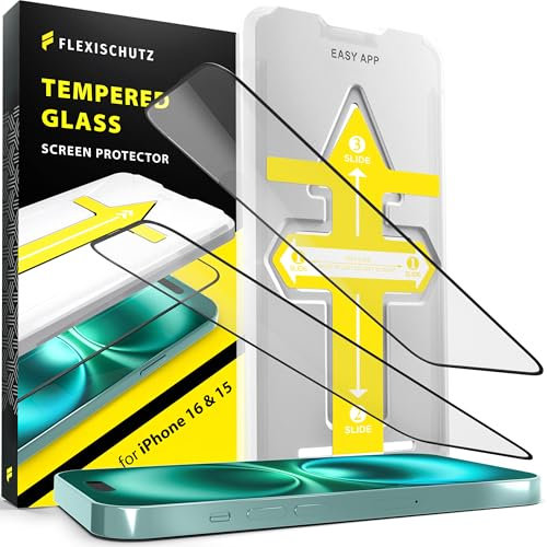 FlexiSchutz Schutzglas für iPhone 15 & iPhone 16 Schutzfolie, Screen Protector, Glas Displayschutzfolie mit praktischer Installationshilfe, Glas Folie mit Schabone, Displayschutz [2 Stück]