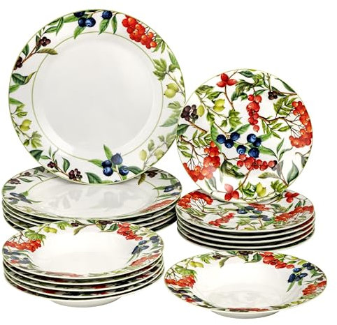 Baroni Home Service d’Assiettes 18 Pièces pour 6 Personnes en Porcelaine de Qualité, Plates Colorés Style Moderne, Servi de Table Assiette Creuse Plate et à Dessert, Fantaisie Baies