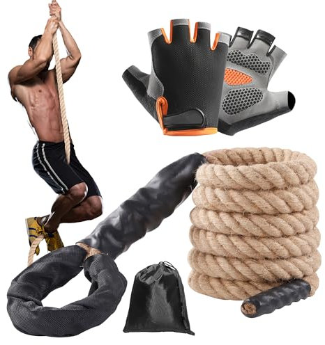 EMEKIAN Kletterseil aus natürlicher Jute, 3,8 m Durchmesser, 3,8 cm Durchmesser, Heimtraining, Übungsseil mit geknoteter Schlaufe und Schrumpfabdeckung, Indoor-Outdoor-Fitness- und Krafttrainingsseil