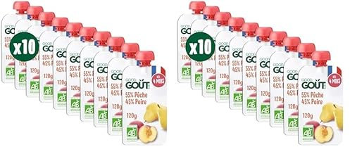 GOOD GOÛT - Gourdes Pêche Poire - Purée Bébé - Dès 4 Mois - 55% Pêche 45% Poire - Sans Sucres Ajoutés - Fabriqué En France - 10x120g (Lot de 2)