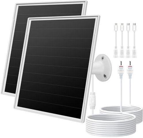 Chargeur de panneau solaire 8W pour caméras de sécurité extérieures. Ports Micro USB/USB - C & DC (3,5×13,5 mm), compatible avec eufy, wyze, Ring. Système de stabilisation pour protéger la batterie.