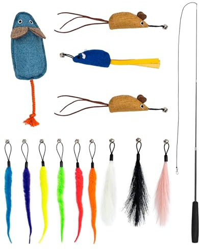 lionto Jouet pour Chat, Set 14 pièces avec Canne télescopique, 12 pendentifs à clochettes, Souris en Peluche, poignée rembourrée, et Souris remplies de cataire et valériane