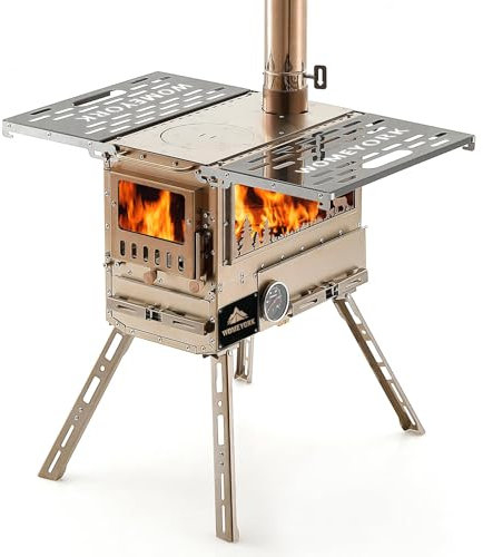 WomeYork Multi-Fuel Camp Stove with Baking Oven & Steel Chimney Pipe – Portable Tent Stove for Outdoor Shelter Heating, Cooking, and Wilderness Survival(Golden)