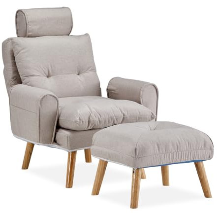 TUKAILAi Poltrona Relax in Lino Tessuto con Poggiapiedi, Poltrona Relax Alza Gambe di Legno Imbottita Reclinabile fino 360°, Schienale Braccioli per TV Lettura Camera da Letto caffè Studio (Beige)