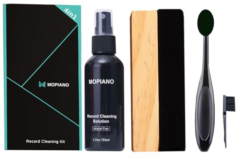 Kit de nettoyage de disques Mopiano | Nettoyant vinyle complet 4-en-1 pour albums | Comprend une brosse en velours doux pour disques vinyles, un liquide nettoyant LP, une brosse à stylet, une brosse