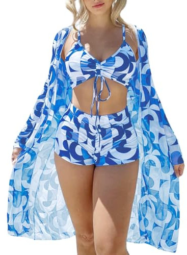 Xumplo Womens 3 Piece Bikini Sets with Long Sleeve Cover Ups Swimming Costume Ladies Graphic Print Halter Tops+Bottoms+Cardigan Beachwear Bathing Suits Blue-M