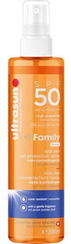 Ultrasun Family Wet Skin Spray SPF50, Sonnenschutzspray für nasse oder trockene Haut, wasserfest, transparent, ölfrei, UVA/UVB/Infrarot-Schutz, ab 3 Jahren