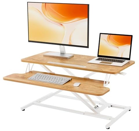 ERGOMAKER Steh-Sitz Schreibtischaufsatz Höhenverstellbar, Stehpult Aufsatz Schreibtisch 80 X 40CM Desktop Erhöhung mit Tastaturablage Für Zwei Monitore,Helles Rustikalbraun