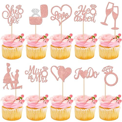 30 Pack He Asked She Said Yes Cupcake Toppers Glitter Wedding Engagement Cupcake Picks Miss to Mrs Love Heart Ring Miss to Mrs Cake Decorations for Wedding Engagement Party Supplies Rose Gold