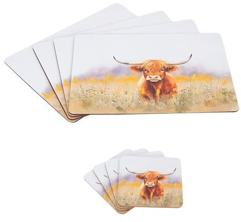 YöL 4 Highland Cow Design Placemats & 4 Coasters Set - Dining Table Surface Protection Food Drink Cork Backing Non-Slip Worktop Saver