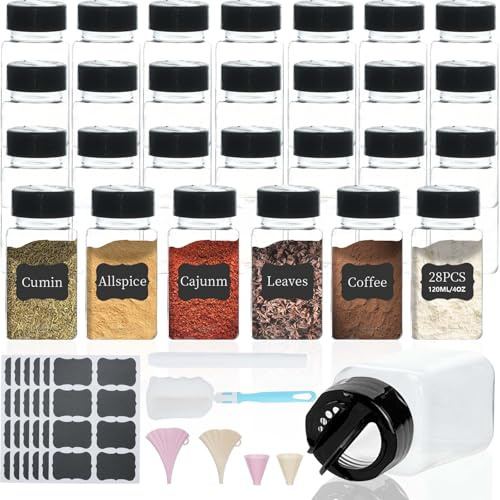 MOAMUN 28 Pot a Epices à Double Ouverture, 130Ml Pot Epices en Plastique | Bocaux à Épices Carrés Transparents, Réutilisables, Avec Étiquettes, Stylo, Entonnoir Et Pinceau, Aux Épices Herbes Poudres