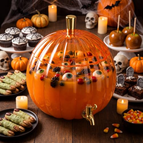 Potchen 1,3 Gallonen Kürbis Kunststoff Getränkespender Thanksgiving Orange Getränkespender Herbst Ernte Küche Dekoration Getränkewasserbehälter mit Zapfhahn für Kühlschrank Halloween Herbst Party
