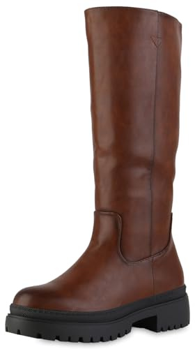 VAN HILL Damen Plateaustiefel Blockabsatz Plateau Vorne Trendy Schuhe 217649 Hellbraun 38