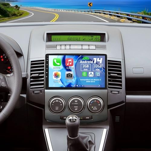 Slakerbe Android 14 Autoradio 2 Din mit Carplay Android Auto kompatibel mit Mazda 5 2005-2010, 2G+32G 9 Zoll Auto Radio Stereo mit Bluetooth Navi WiFi FM RDS Rückfahrkamera Mic