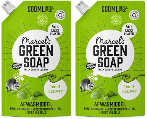 Marcel's Green Soap - Recharge liquide vaisselle Basilic & Vétiver - Liquide vaisselle - Végétalien - 500 ml (Lot de 2)