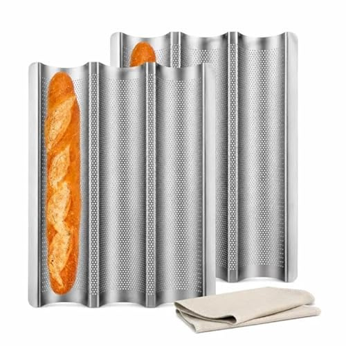 LDHHYH 2 Pack Baguette Baking Tray, 3 Loaves Baguette Pan Nonstick Baguette Pans, French Bread Pan with Thick Proofing Cloth for Baking Molding