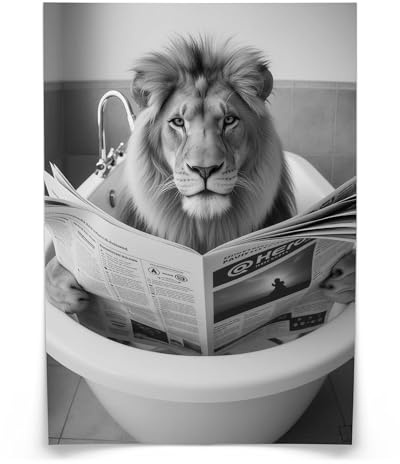 Muralo Poster Löwe in der Badewanne, ohne Rahmen, UV-beständig - 50x70 cm | Bilder, glatte und seidige Oberfläche, fotografische Druckqualität - ideal für Badezimmer und WC