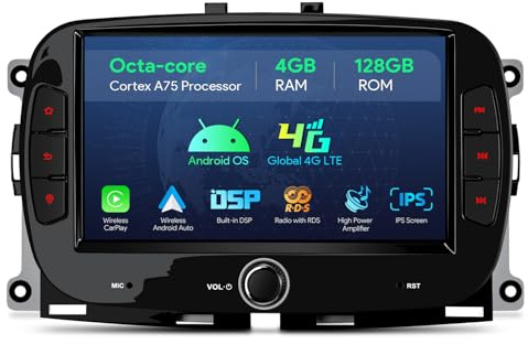 XTRONS Estéreo de coche de 7 pulgadas para Fiat/Abarth 500 (2016-2019), reproductor de radio Octa-Core de 4 GB + 128 GB, DSP Global 4G LTE, nueva interfaz de usuario, pantalla IPS 2K CarAutoPlay