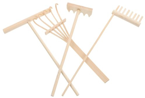 Lurrose Lot de 4 Set de Set de Mini Râteaux de Jardin Zen en Bois pour Décoration de Table de Bureau, Ensemble de Jardin de Sable Miniature pour Contemplation et Relaxation