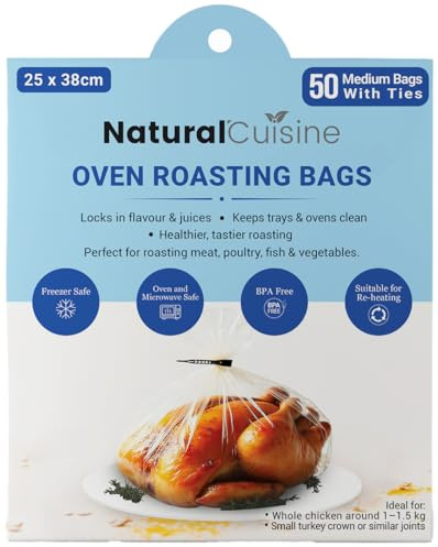 Medium Oven Roasting Bags for Chicken with Ties, 50 Pack, 25x38cm, BPA-Free | Oven, microwave and freezer safe bulk pack for chicken, meat, fish, vegetables, batch cooking, catering and family meals.