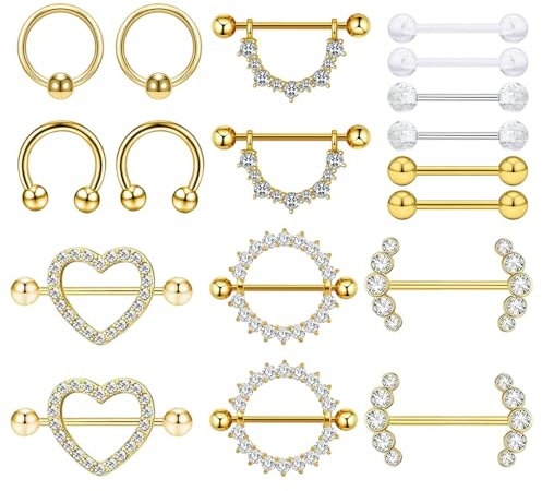 UJBVCX 9 Paar Piercing Zunge, Nippelpiercing für Damen, Zungenpiercing Brustwarzenpiercing, Körperschmuck Set für Frauen（Golden）