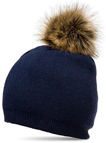 Caspar MU187 elegante Damen Feinstrick Mütze Bommelmütze mit Fellbommel, Farbe:dunkelblau, Größe:One Size