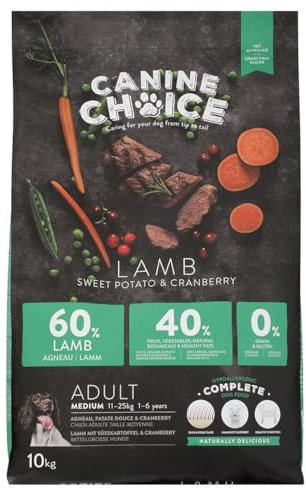 Canine Choice Super Premium Trockenfutter für mittelgroße Rassen für ausgewachsene Hunde – Lamm 10 kg | 60% frisches Lamm, getreidefreies, hypoallergenes Trockenfutter mit Süßkartoffel & Cranberry |