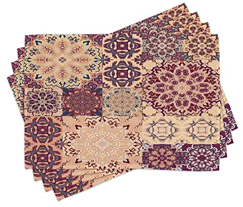 ABAKUHAUS Moroccan Place Mats Set of 4, Floral Tiles, Washable Fabric Placemats for Dining Room Kitchen Table Decor, Peach Orange Red