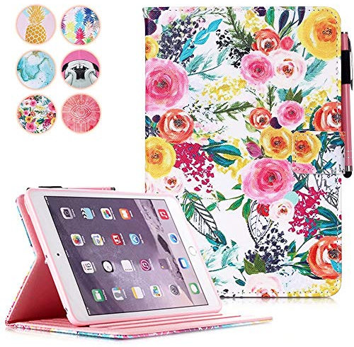 MonsDirect PU Leather Folio Wallet Case for iPad Mini 5, 4, 3, 2, 1 with Kickstand, Pencil Holder, Smart Sleep Wake Feature, Painting Flower Pattern
