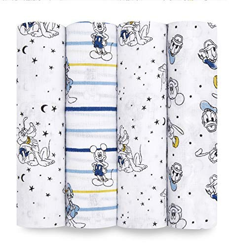 aden + anais Disney, Swaddle Blanket, Boutique Muslin Blankets for Baby Girls and Boys, Newborn Receiving Blanket for Swaddling, 100% Cotton Baby Swaddle Wrap, 4 Pack, Mickey Stargazer