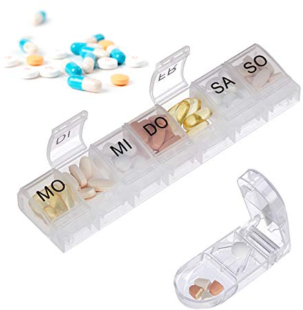 Relaxdays Medikamentenbox, 7 Tage, Tablettenschneider, zuhause, unterwegs, wöchentliche Pillendose, transparent/schwarz, 10027767_46, 1 Stück