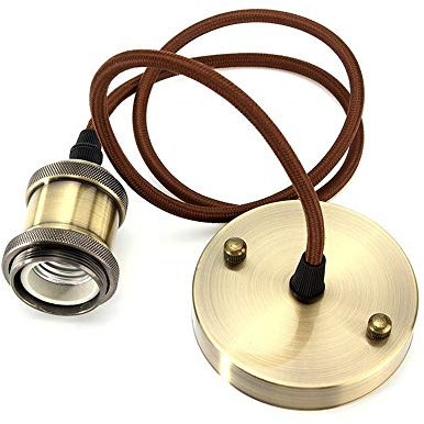 Vintage Pendant Light Fitting, Industrial Pendant Light E27 Socket Lamp Holder with 1 m Round Braided Cable Antique Brass
