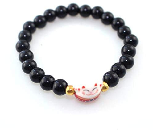 Black Sugar Bracelet Mixte Tête De Chat Maneki Neko Porte Bonheur en Porcelaine Naturelles Marbrée Anthracite Translucide Perles Noires Bleu Blanc Kawai Mignon (Noir)