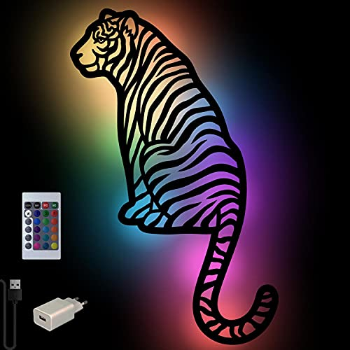 Tiger-Lampe Nachtlicht Farbwechsel Wand Schlummerlicht Holz Deko Figur für Wohnzimmer Kinder-Zimmer I USB + Fernbedienung