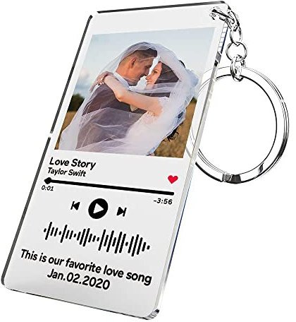 VEELU Porte Clef Personnalisé avec Votre Photo Texte Album Photo Scannable Spotify Code Acrylique Personnalisable Cadeau pour les Couples Amoureux Petit Ami Copain