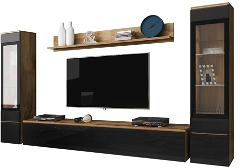 Mirjan24 Wohnwand Doppo II, Schrankwand, griffloses Öffnen, Anbauwand, Fernsehschrank, Mediawand, Wandregal, TV-Lowboard, 2X Hängevitrine (Wotan/Schwarz Hochglanz, ohne Beleuchtung)