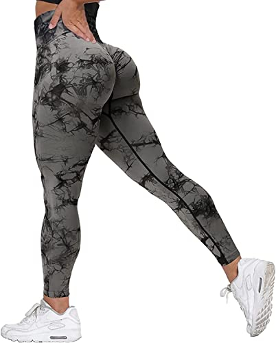 Memoryee Scrunch Butt Sport Leggings Damen Geraffte Hintern Heben Hohe Taille Bauchkontrolle Blickdicht Yogahose Fitnesshose/B-Tie Dye Black/L