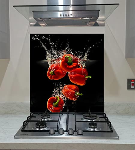 Splashback Toughened Glass Modern Unique Kitchen Red Peppers in Splash Water on Black Background Any Size (wide 90 x height 75/cm)