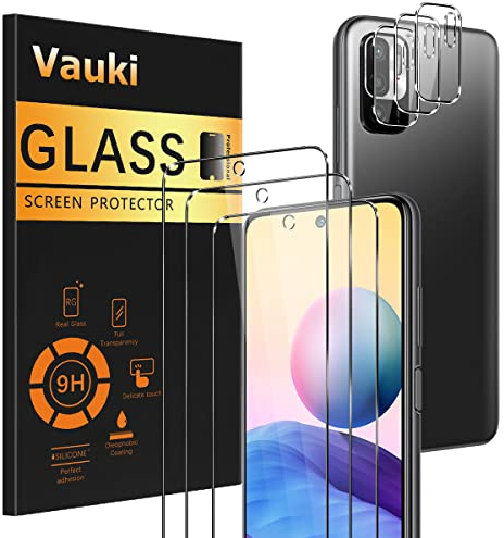 Vauki - Protector de pantalla compatible con Xiaomi Poco M3 Pro/Redmi Note 10 5G 6.5 pulgadas, 3 piezas protector de pantalla y 3 piezas protector de cámara trasera para 5G Redmi Note 10, 9H Dureza,