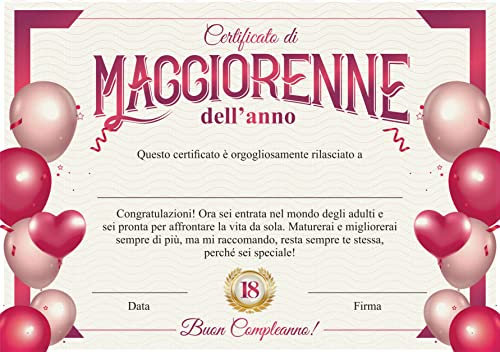 GHIBLI Certificato di maggiorenne dell'anno - Attestato Diploma idea regalo originale compleanno 18 anni - Biglietto auguri compleanno ragazza di 18 anni