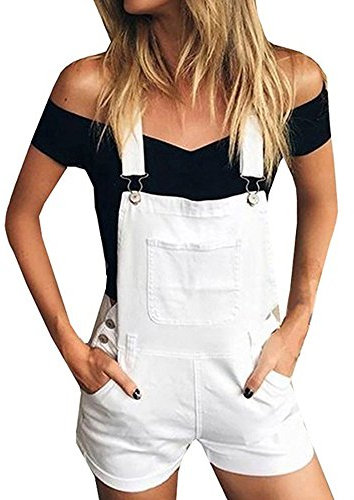 IQYU Jeans - Salopette da donna corte, oversize, in denim, con salopette corte, estive, stile vintage, larga, pantaloni lunghi, bianco, XL