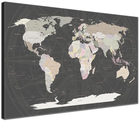 LANA KK Weltkarte-Pinnwand als Leinwandbild, pinne Deine Reisen und Erinnerungen – World Map Grey - Deutsch - Landkarten-Wandbild in grau, 80 x 60 cm