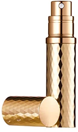Perfume Atomiser, 5ml Refillable Travel Size Perfume Bottle, Leaking Proof, Bottom Pump without Funnel, elegant portable size for women and men, dimond design (Gold)