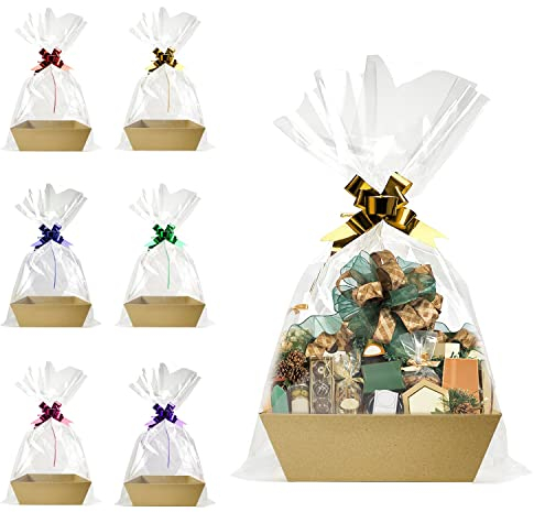Cestas para regalos vacías, 6 cestas de regalo resistentes a granel, bandeja de cartón kraft con asas, kit de cesta de regalo para llenar para cumpleaños, Navidad, San Valentín, Acción de Gracias