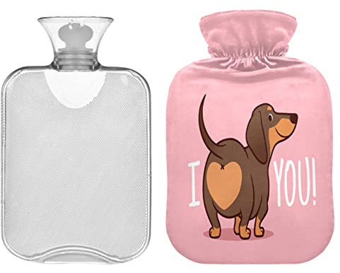 ZZXXB I Love You Dackel Wärmflasche mit Fleece-Bezug, 2 Liter, PVC-Wärmbeutel für Nacken, Schulterschmerzen, Handfüße, Wärmekompresse und Kältetherapie