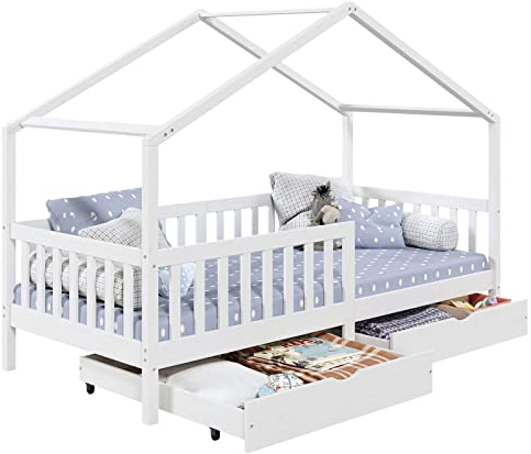 IDIMEX Hausbett ELEA aus massiver Kiefer, Kinderbett mit Rausfallschutz 90x200cm, Spielbett mit Dach in weiß