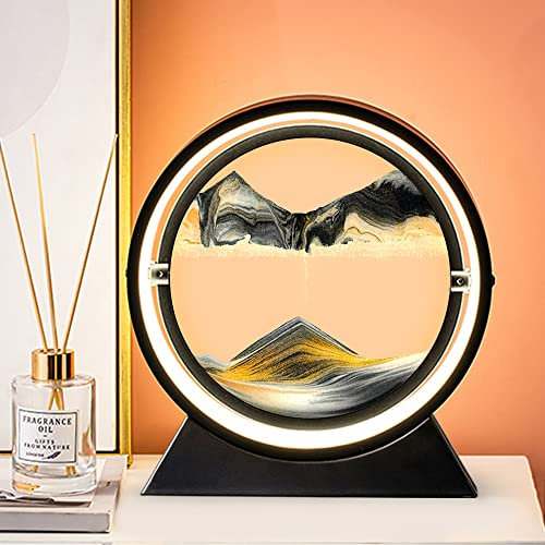 Peinture De Sable Qui Coule Lampe, Sablier Liquide, Lampe Sable Mouvant en Verre de Paysage Naturel Sablier 3D, d'art de Sable Rotatives 3D Dynamiques, Sablier Deco, Sablier Magique (Noir, 12 Pouces)
