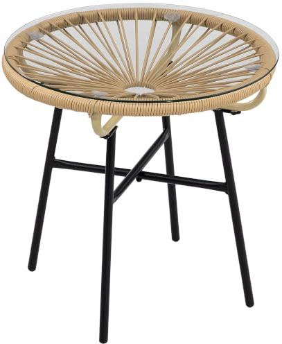 Outsunny Rattan Side Table Round Outdoor Coffee Table PE Rattan Beige | Tempered Glass Tabletop, for Patio, Garden, Balcony
