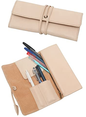 ZLYC Handgefertigte Leder Federmäppchen Stifttasche Stiftemappe Griffelmappe im Vintage-Stil(Beige)